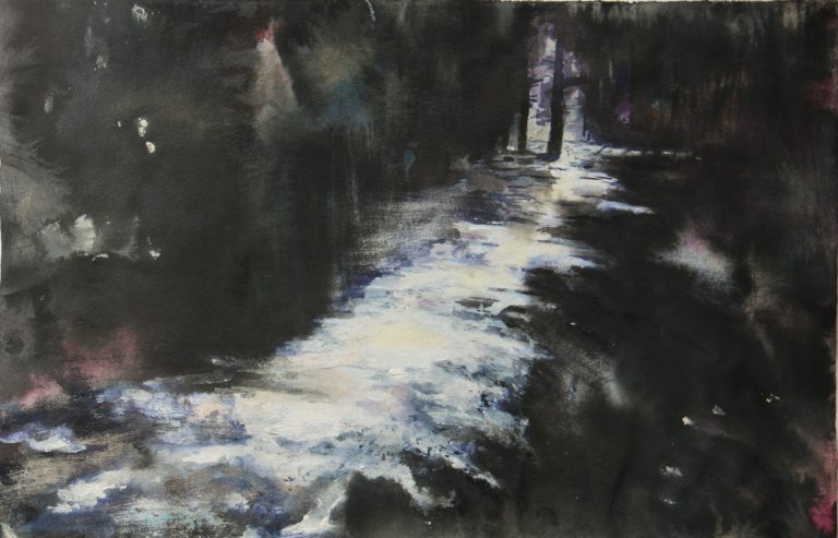 Härte schwand V (2025), Aquarell, Tusche, Buntstift, 30 x 50 cm