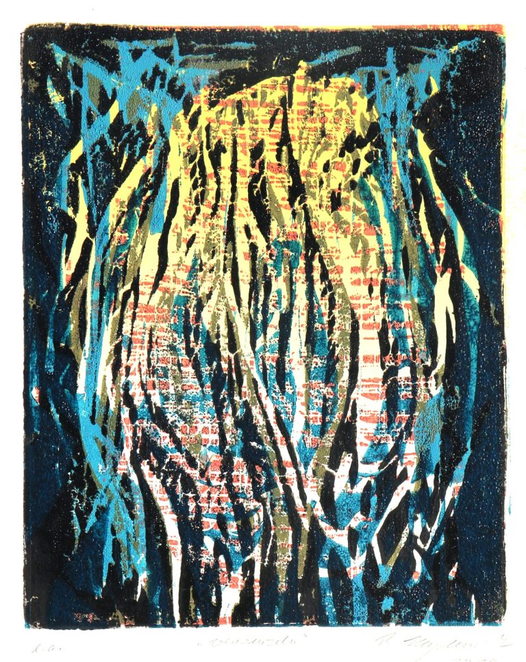 verwurzeln, unikale Version (2024), Farbholzschnitt, 24 x 19 cm