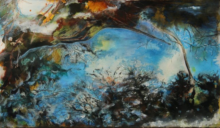 Härte schwand II (2025), Aquarell, Tusche, Buntstift, 30 x 50 cm