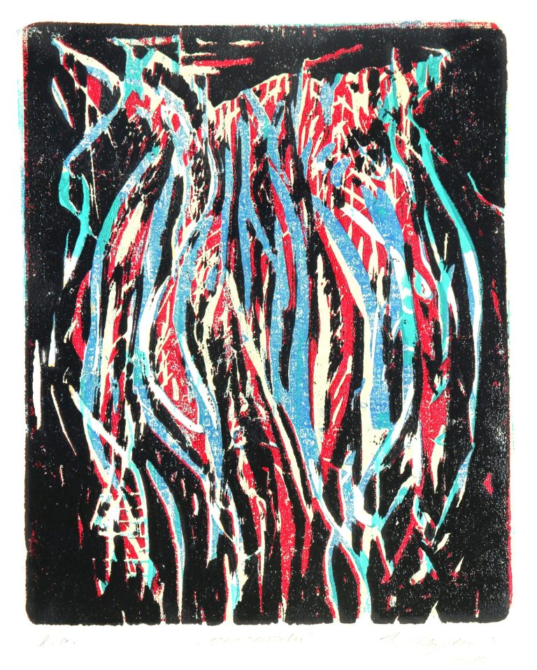 verwurzeln, unikale Version (2024), Farbholzschnitt, 24 x 19 c