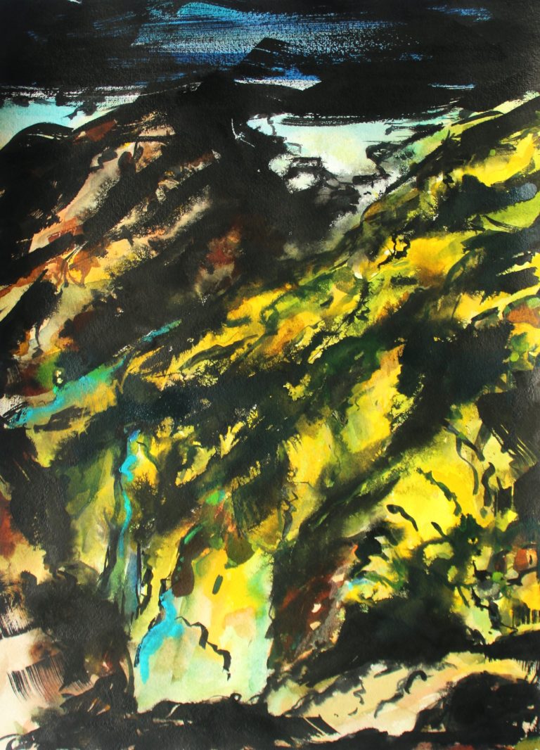 Island V (2024), Aquarell, Tusche, Buntstift, 50 x 40 cm
