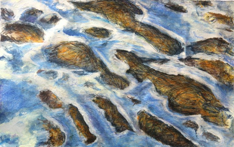 Härte schwand IV (2025), Aquarell, Tusche, Buntstift, 30 x 50 cm